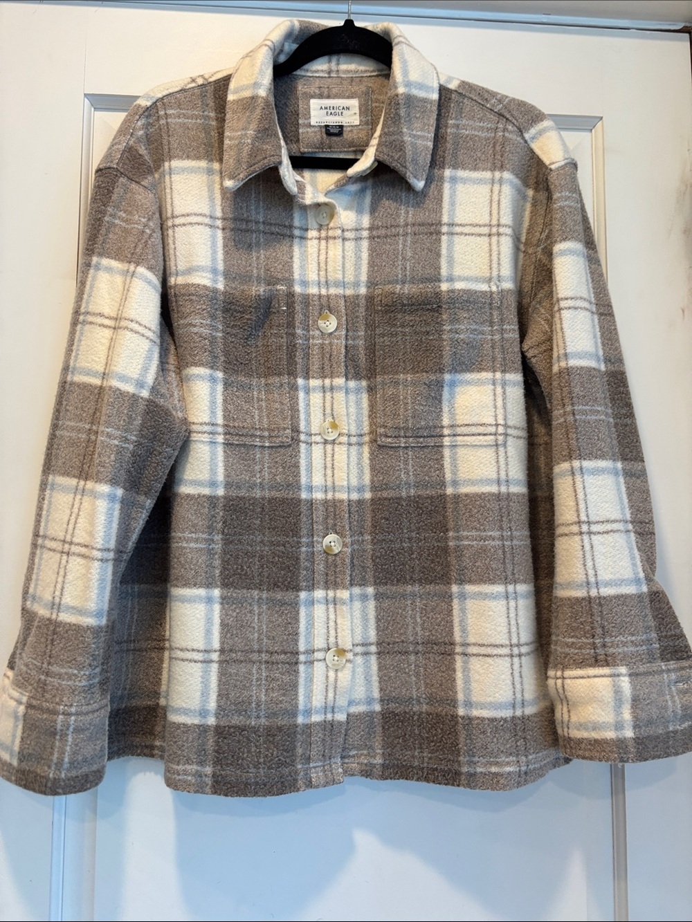 American Eagle Plaid Shacket in Cream and Taupe, Women’s Medium